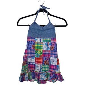 Children's Place Y2k Patchwork Floral Partial Denim Halter Neck Dress